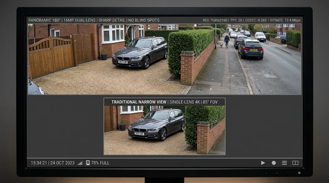 16MP 8K CCTV camera field of view comparison showing 180-degree panoramic coverage versus traditional narrow single-lens 4K view