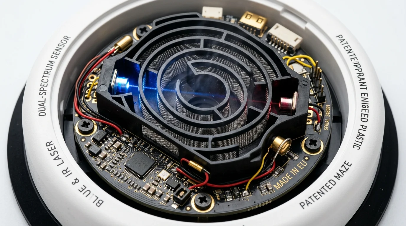 Dual-spectrum optical smoke chamber with blue and infrared laser analysis