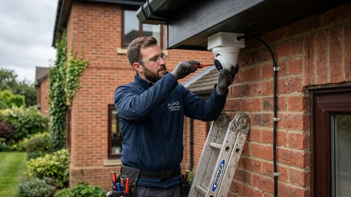 Professional engineer installing Ajax TurretCam 8MP IP security camera with neat Cat6 cabling