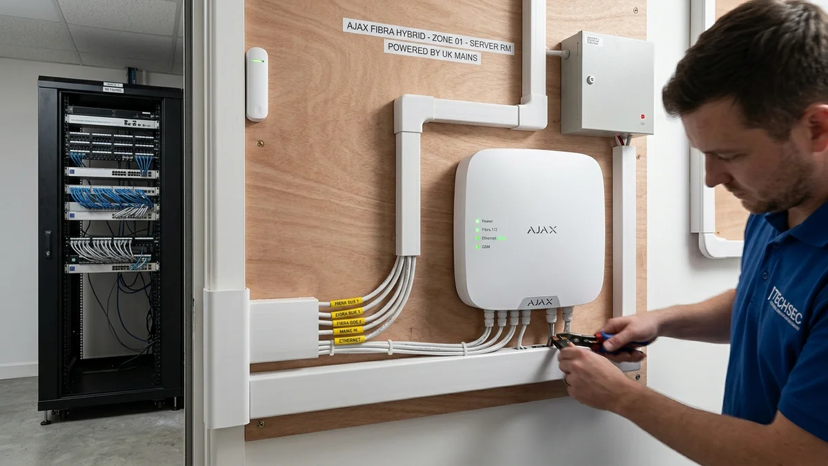 Commercial communications rack housing Ajax Hub Hybrid with neatly laced 4-core bus lines and 12V backup battery