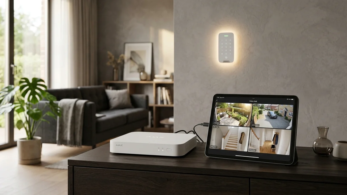 Ajax NVR and real-time multi-camera video wall displayed on tablet beside smart keypad