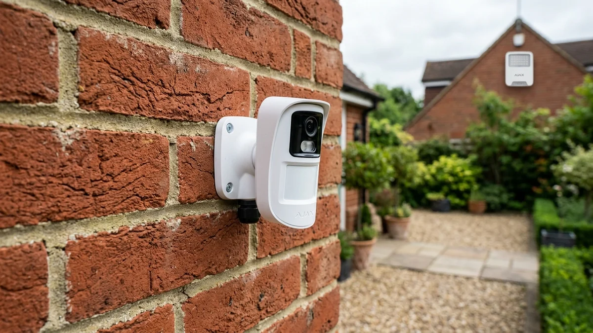 Ajax MotionCam Outdoor mounted on exterior brickwork monitoring a residential driveway and garden perimeter