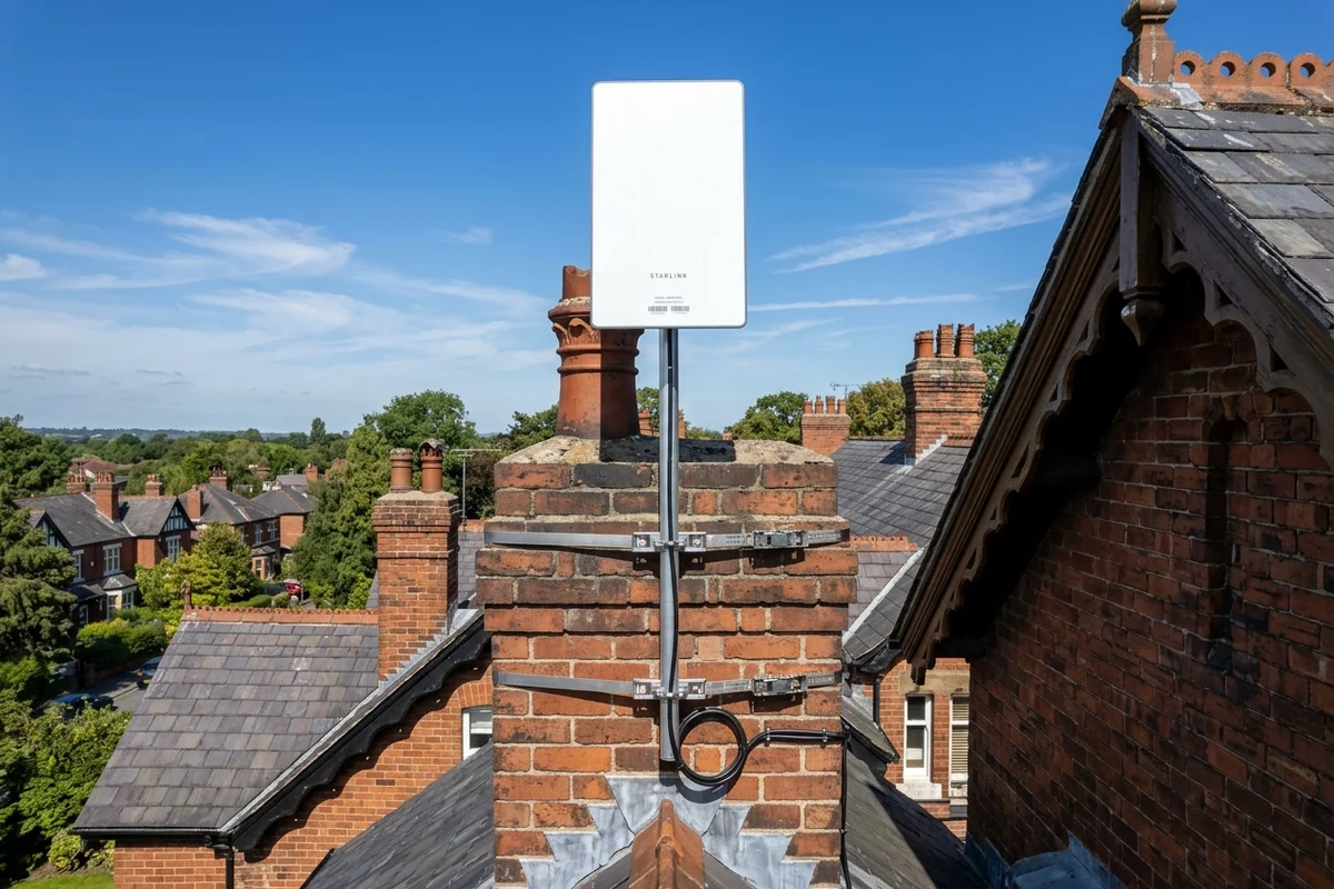 Starlink dish on roof in Altrincham on brick chimney with non-drill lashing cradle overlooking town