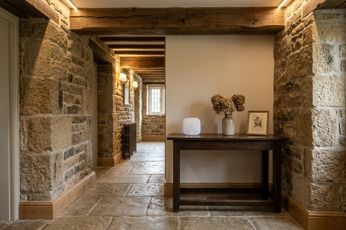 Whole-home Starlink Wi-Fi 6 mesh router overcoming thick stone walls in Ashbourne
