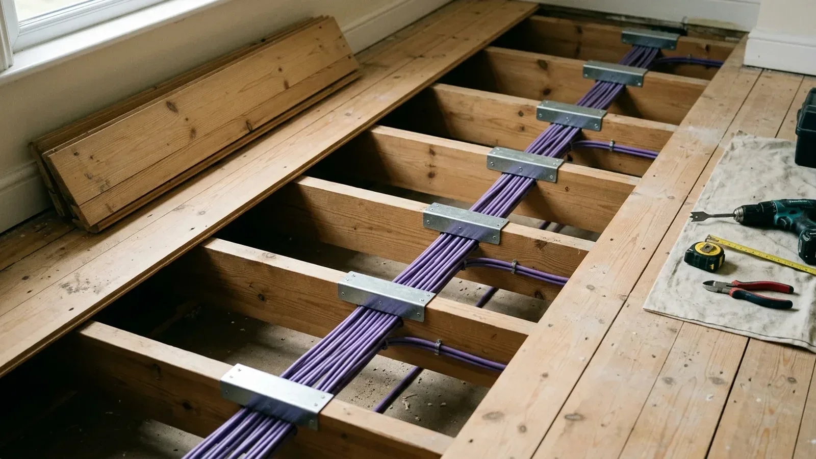 Timber floor joist cable routing compliant with Part A in Baxenden