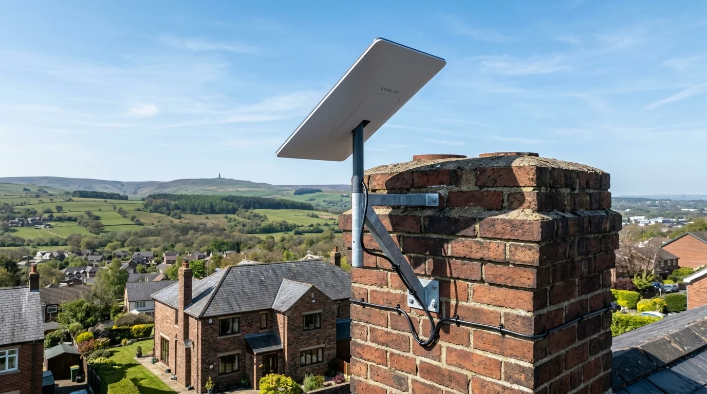 SpaceX Starlink Gen 3 rectangular dish installed on chimney stack with Pennine gale bracket in Beardwood Blackburn