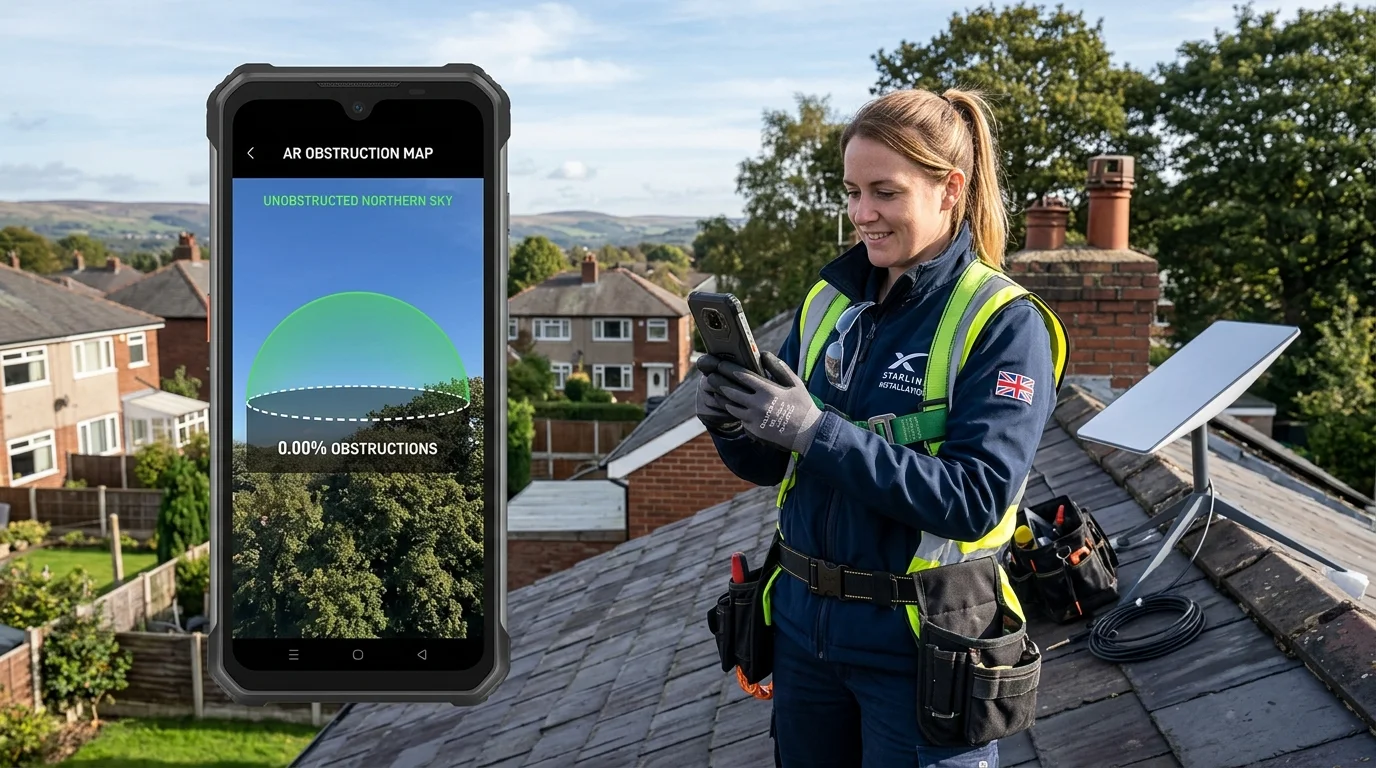 Satellite engineer checking Starlink AR obstruction scanner tool on Beardwood rooftop in Blackburn