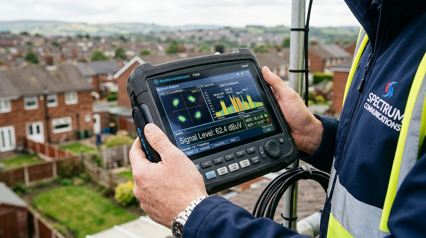Digital spectrum analyzer meter measuring Winter Hill DVB-T2 Freeview signal in Beardwood Blackburn