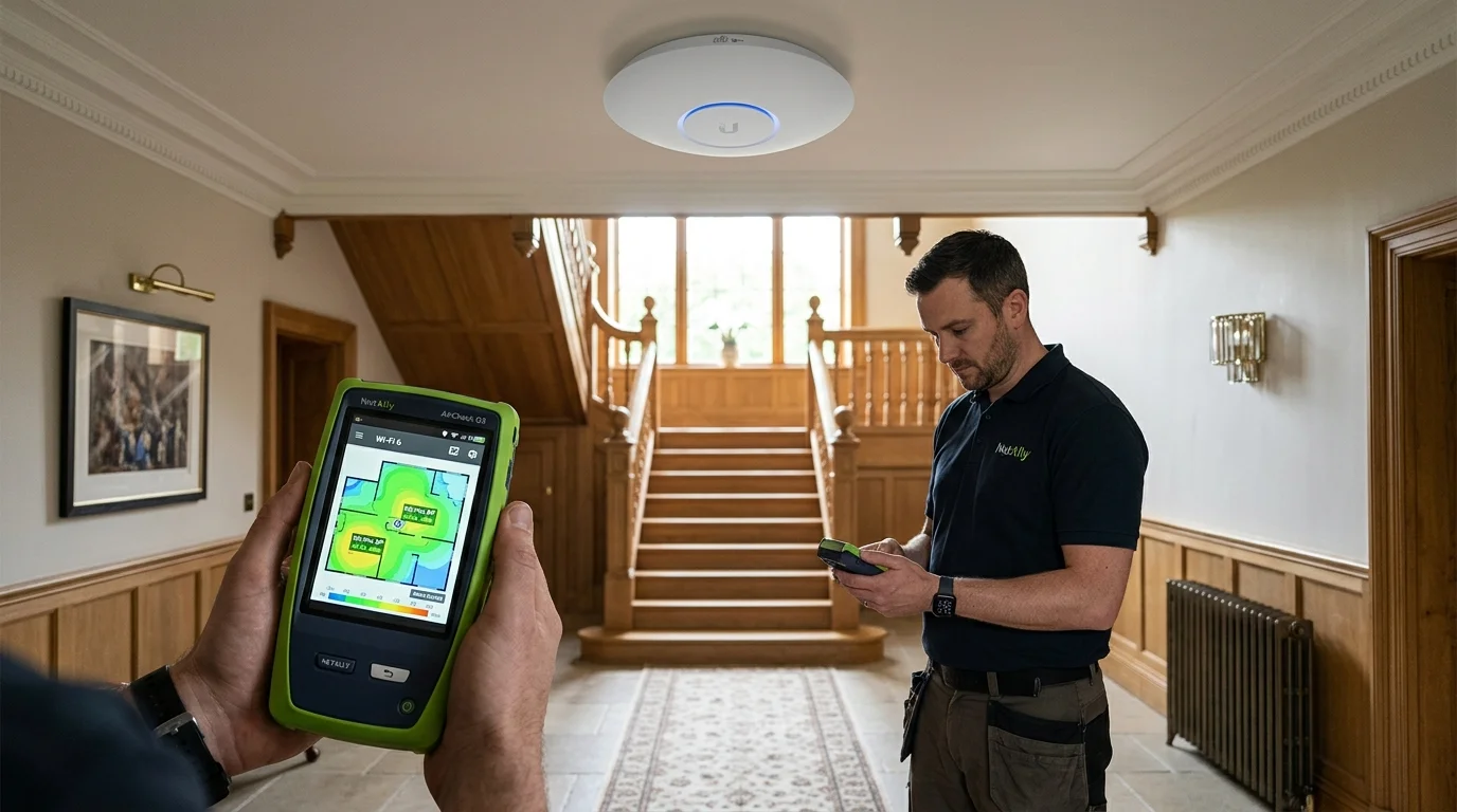 Ubiquiti UniFi U6-Pro Wi-Fi 6 access point mounted flush to high ceiling of executive hallway in Beardwood with NetAlly analyser