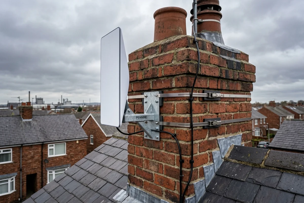 Starlink dish on roof in Billingham on brick chimney with non-drill lashing cradle overlooking town