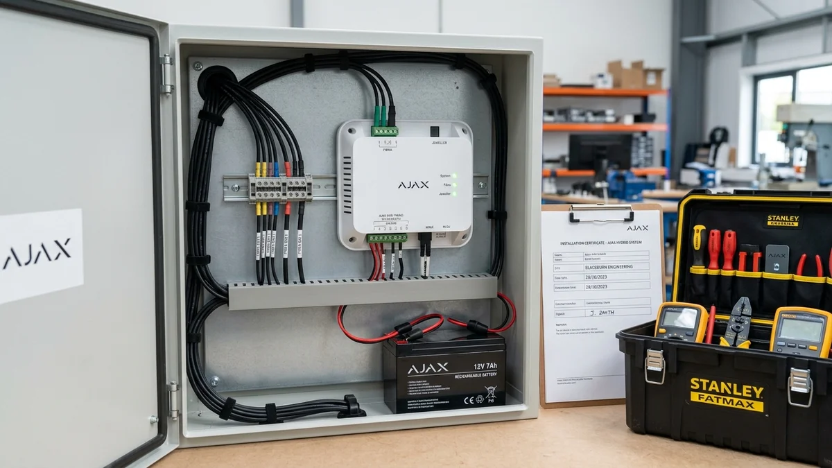 Commercial communications rack housing Ajax Hub Hybrid with neatly laced 4-core bus lines in Blackburn
