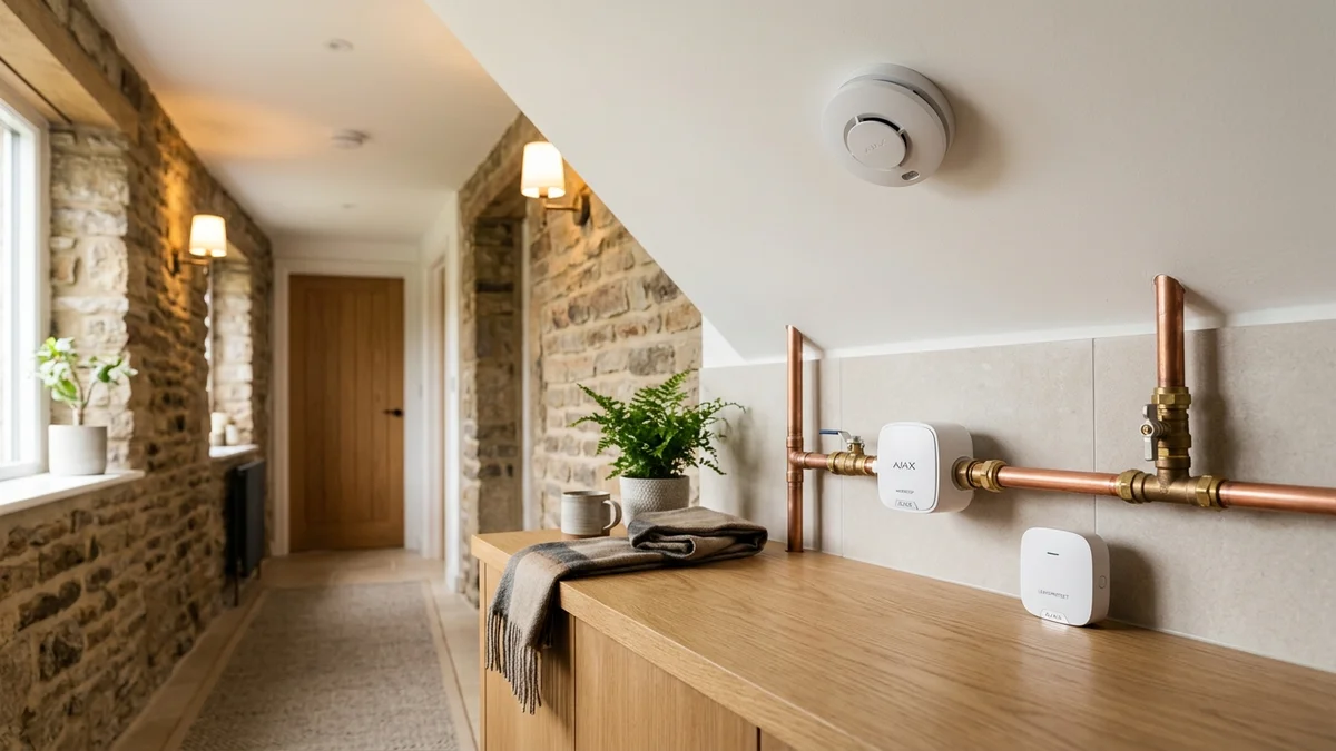 Ajax FireProtect 2 ceiling smoke detector and WaterStop electric smart shutoff valve installed cleanly on copper plumbing in a Blackburn home