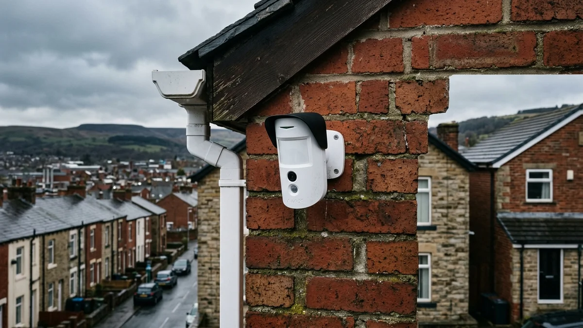 Ajax MotionCam Outdoor mounted on exterior brickwork monitoring a Blackburn residential driveway