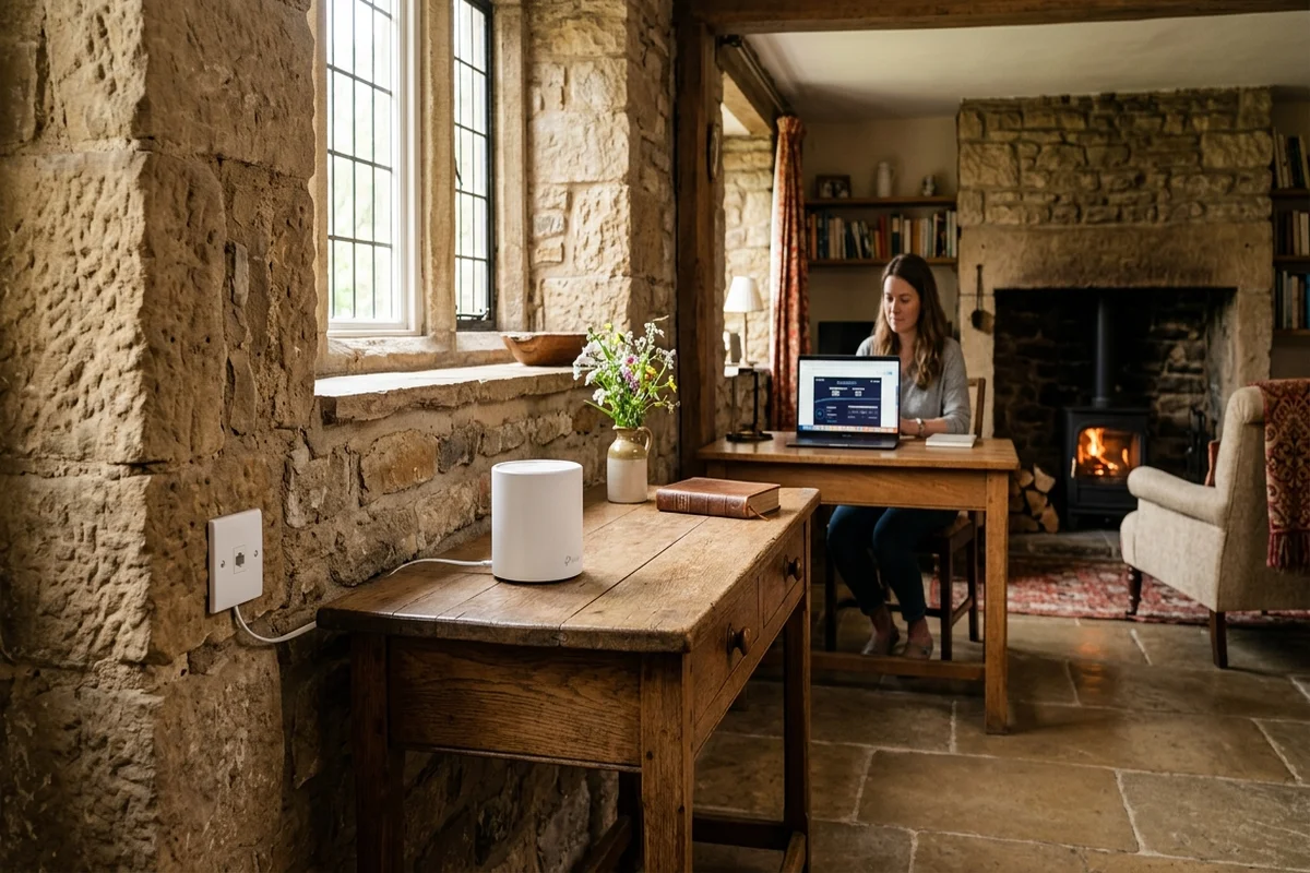 Solid sandstone interior wall in a Lancashire property showing external Cat6a data cable penetration for mesh Wi-Fi
