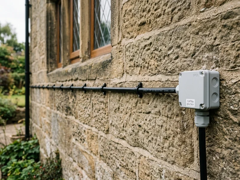 Neatly clipped UV-resistant Cat6a solid copper cable installation along stone mortar joints in Blackburn