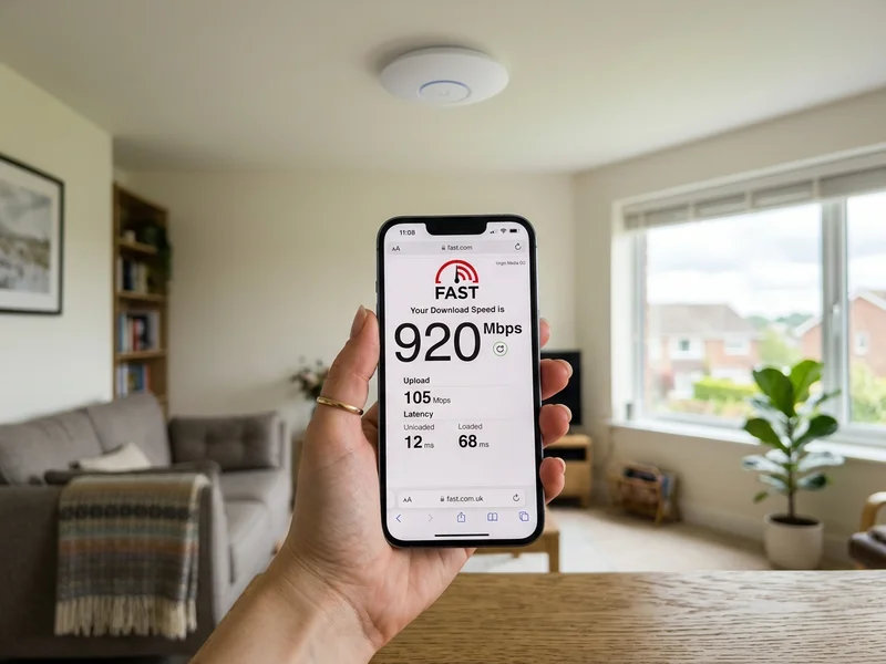 Handover speed test showing 920Mbps gigabit broadband throughput with ceiling access point in a Blackburn home