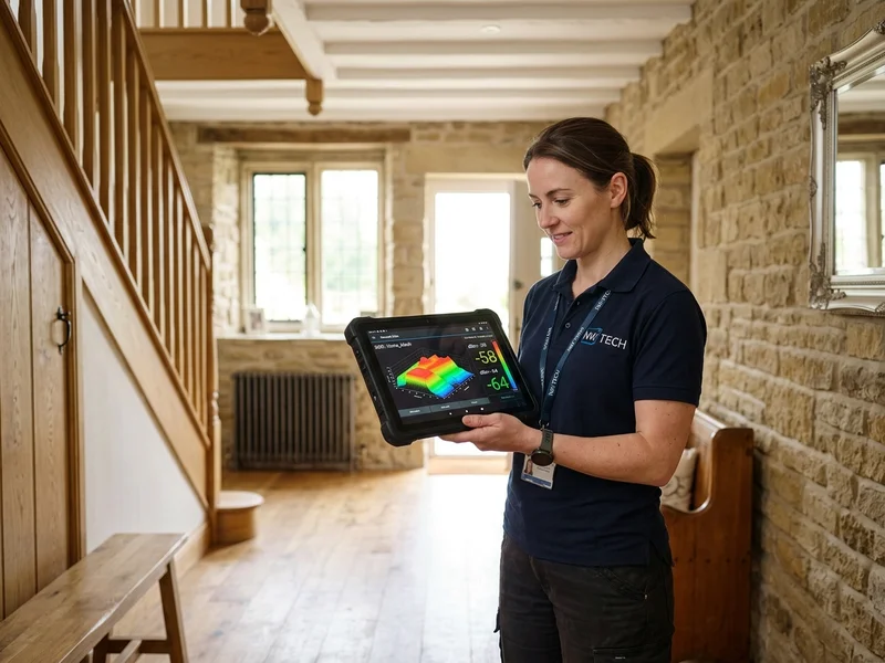 Network engineer conducting on-site RF spectrum survey and 3D signal heatmap in a Blackburn stone property