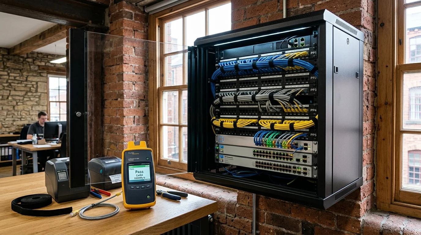 Commercial server rack and patch panel cabling installation in Blackburn