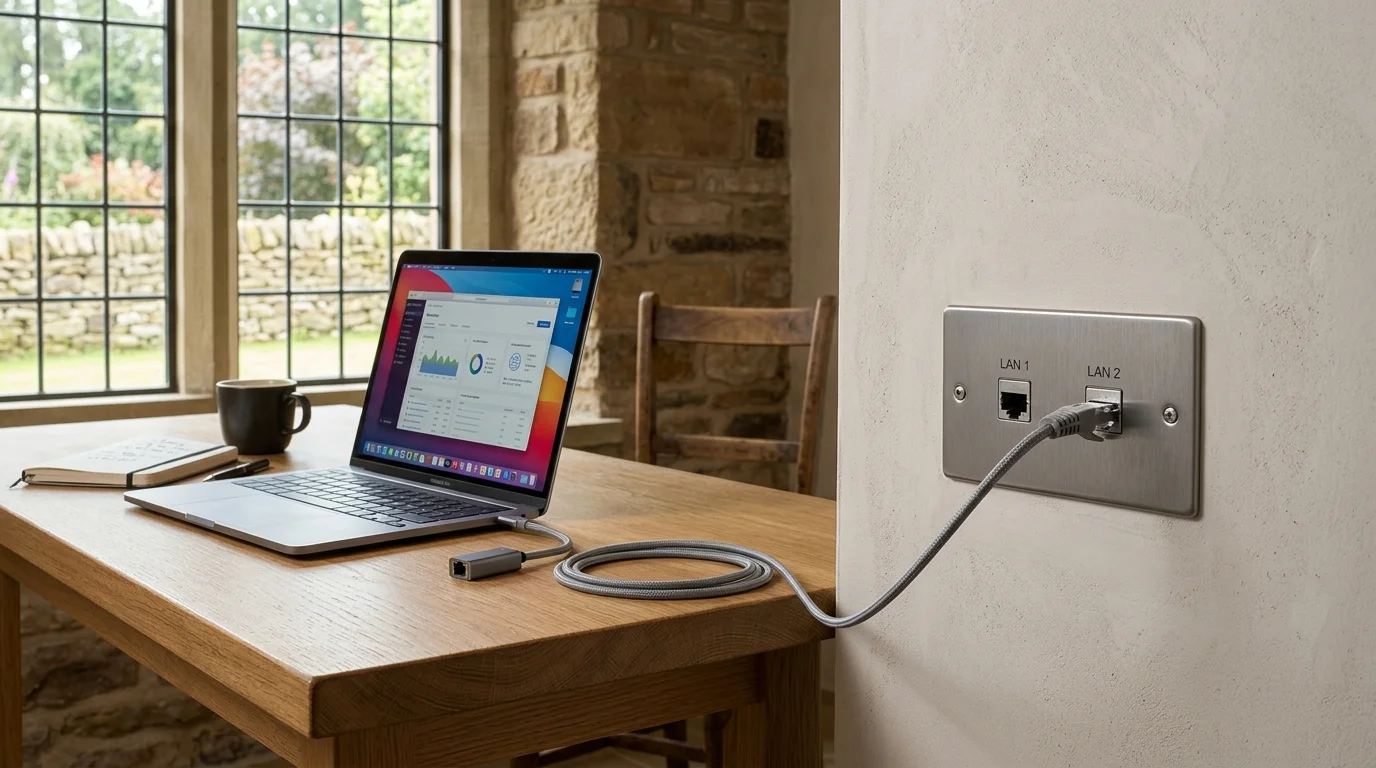 Domestic home network cabling with clean flush-mounted Ethernet wall sockets in a Blackburn home