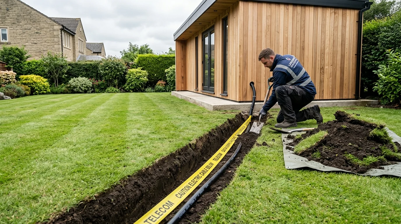 Armoured network cable trenching to garden office in Blackburn