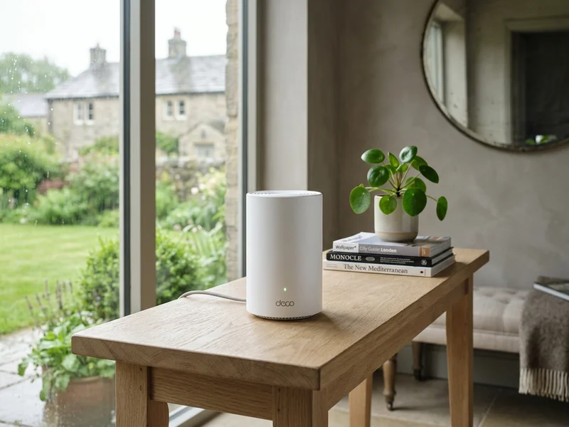 TP-Link Deco WiFi 6 desktop mesh node installation on oak furniture in a Blackburn semi-detached home