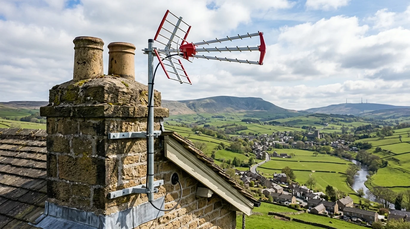 Professional digital TV aerial installation in Clitheroe on traditional British chimney stack with galvanized Pennine storm brackets