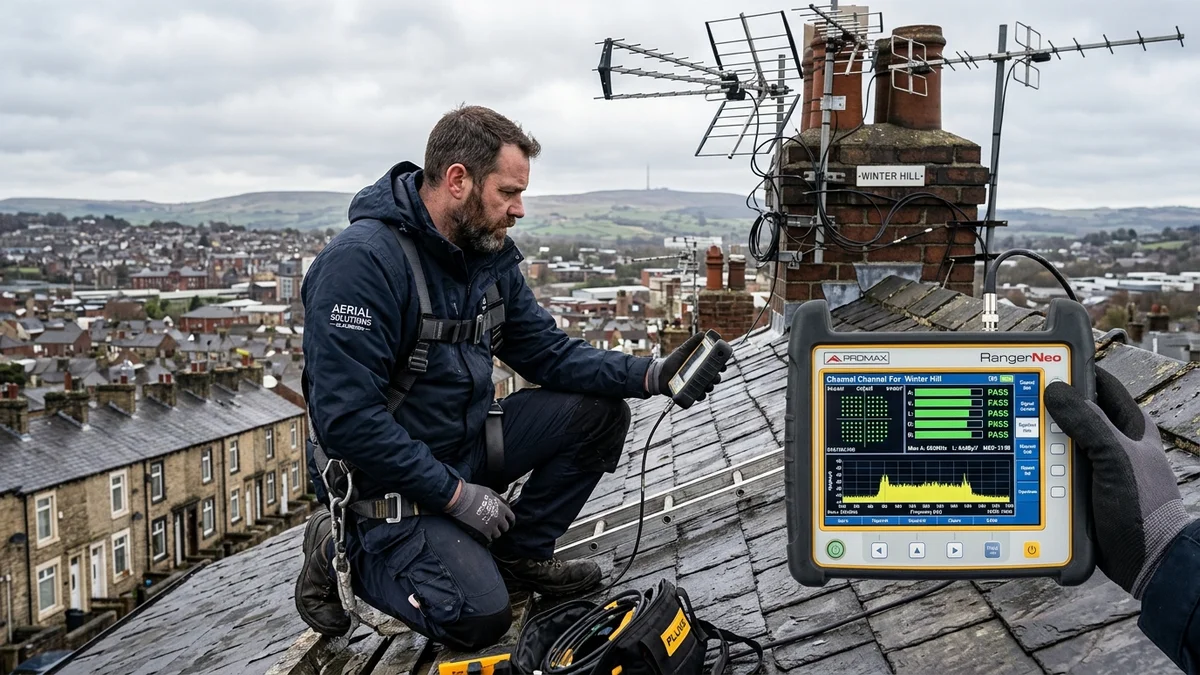 Engineer reading spectrum analyzer meter showing Winter Hill frequencies on Blackburn rooftop