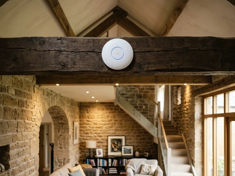 Ubiquiti UniFi Enterprise WiFi 7 access point installed on oak beam in a Pleasington sandstone barn conversion