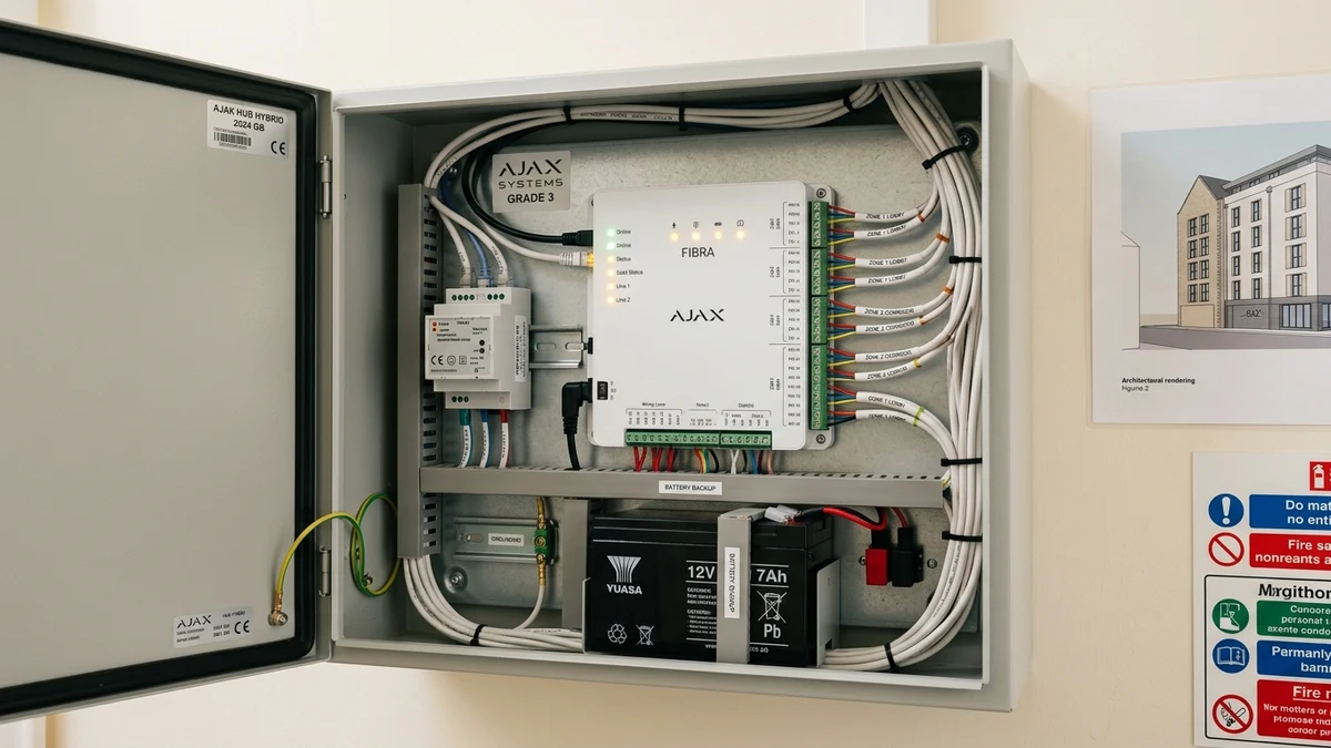 Commercial communications rack housing Ajax Hub Hybrid with neatly laced 4-core bus lines in Lytham