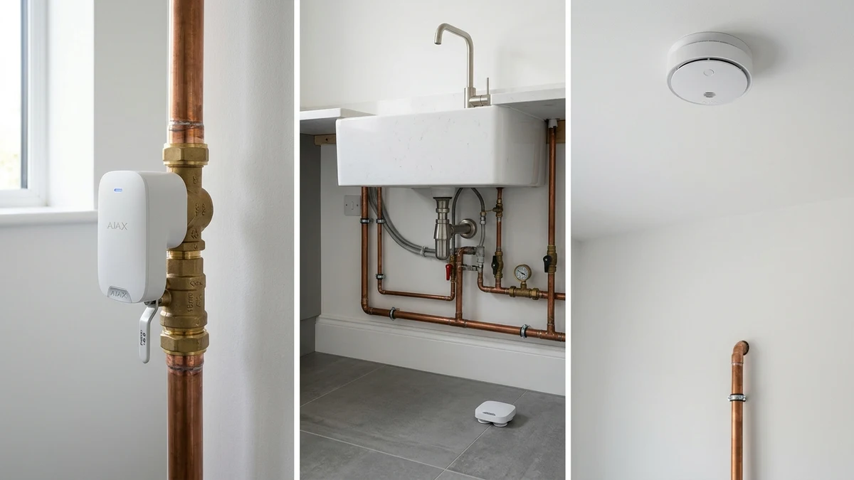 Ajax FireProtect 2 ceiling smoke detector and WaterStop electric smart shutoff valve installed cleanly on copper plumbing in a Lytham home