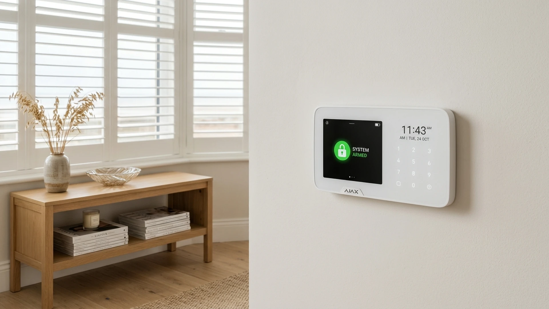 Ajax MotionCam Outdoor wireless detector mounted on weathered The Fylde Coast red brick exterior wall in Lytham