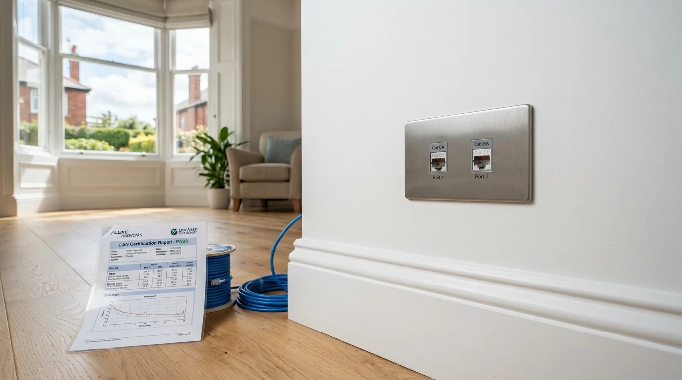 Domestic home network cabling with clean flush-mounted Ethernet wall sockets in a Blackpool home