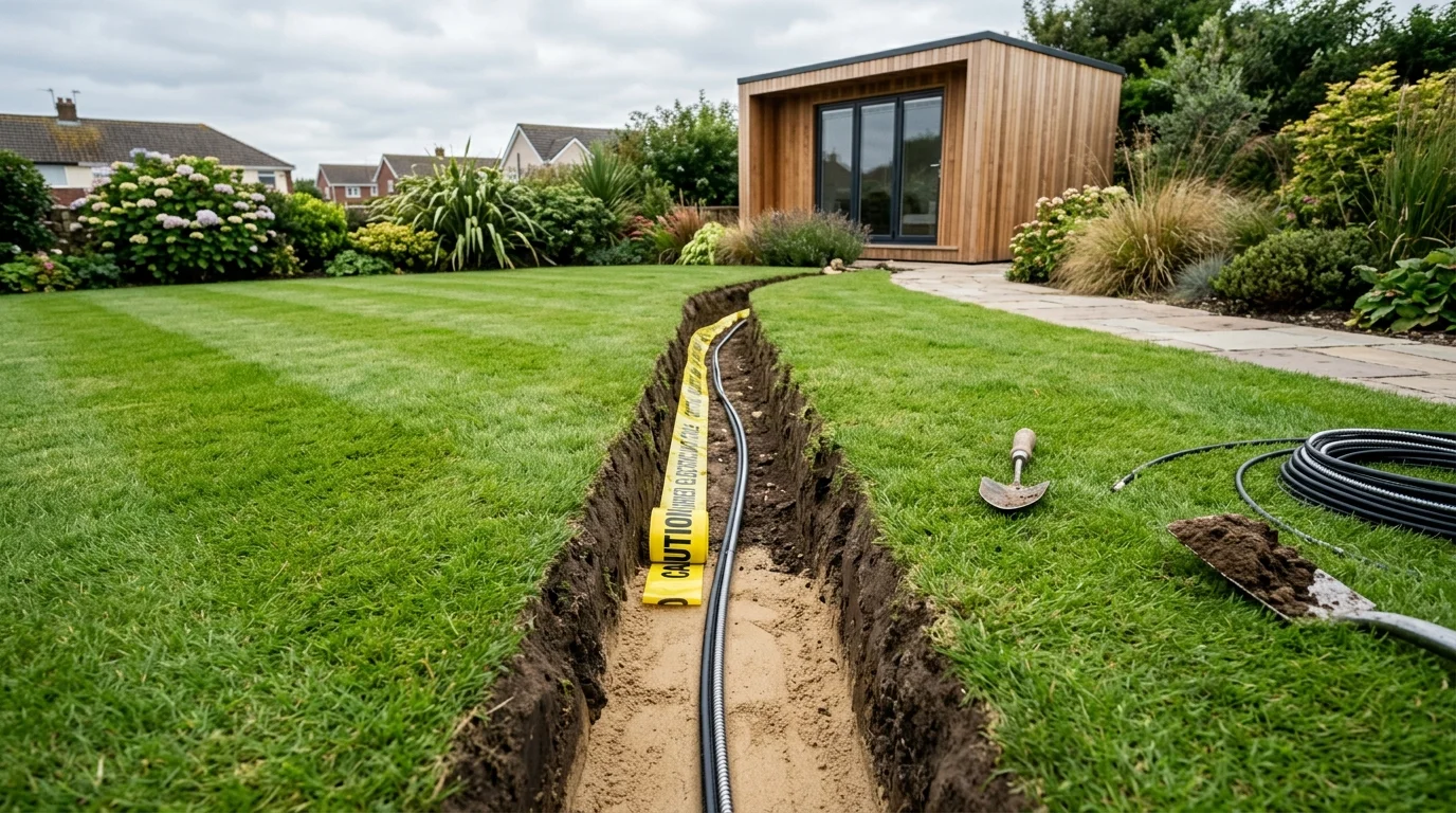Armoured network cable trenching to garden office in Blackpool