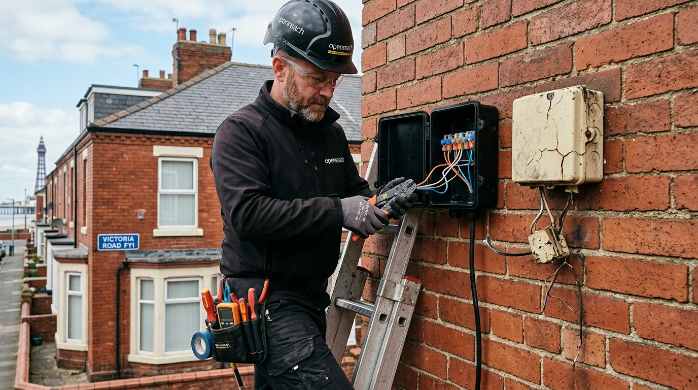 Independent Telephone Engineer replacing external weatherproof junction box with gel crimps in Blackpool FY1