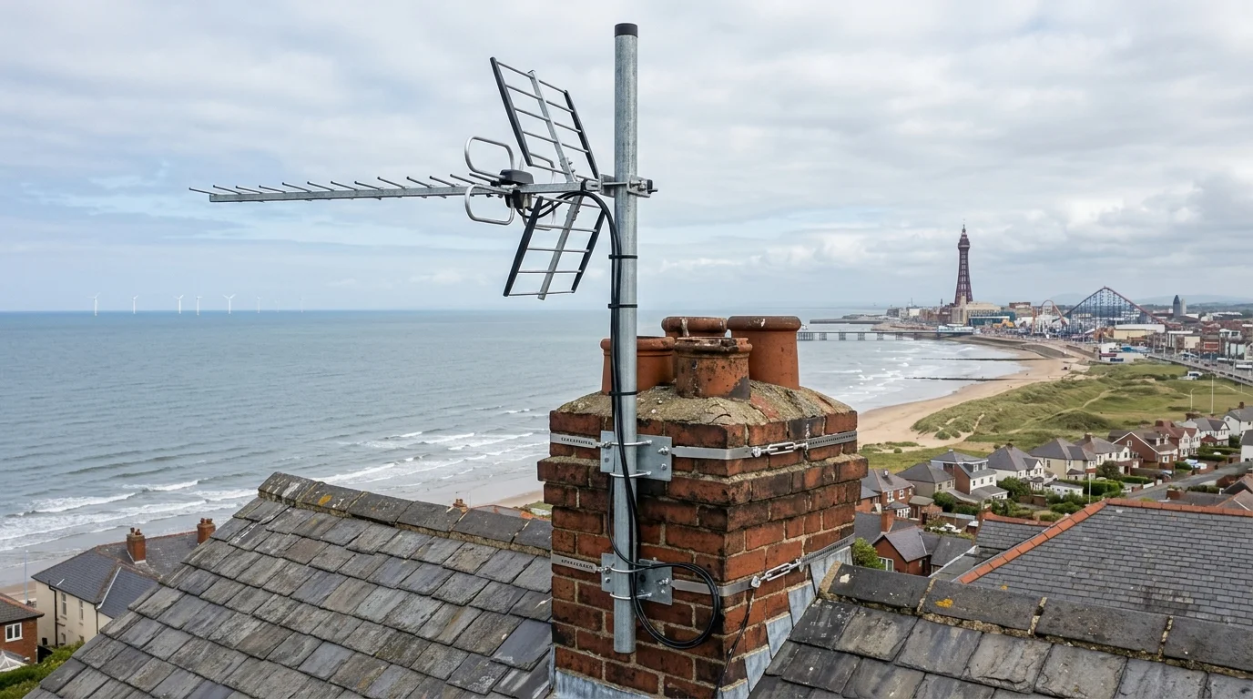 Professional digital TV aerial installation in Staining on traditional British chimney stack with galvanized Pennine storm brackets