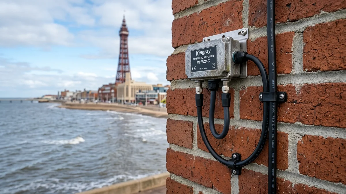 Shielded masthead amplifier and WF100 coax cable routed neatly on Blackpool masonry