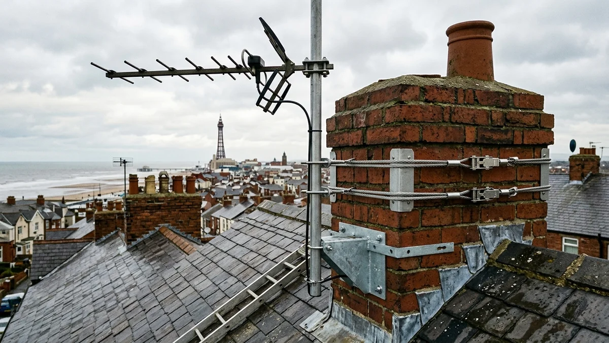 Heavy-duty storm-proof chimney aerial mount in Blackpool with double stainless steel lashing wire