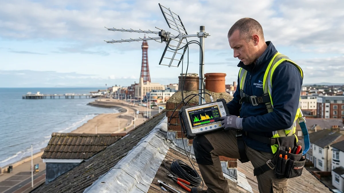 Engineer reading spectrum analyzer meter showing Winter Hill frequencies on Blackpool rooftop