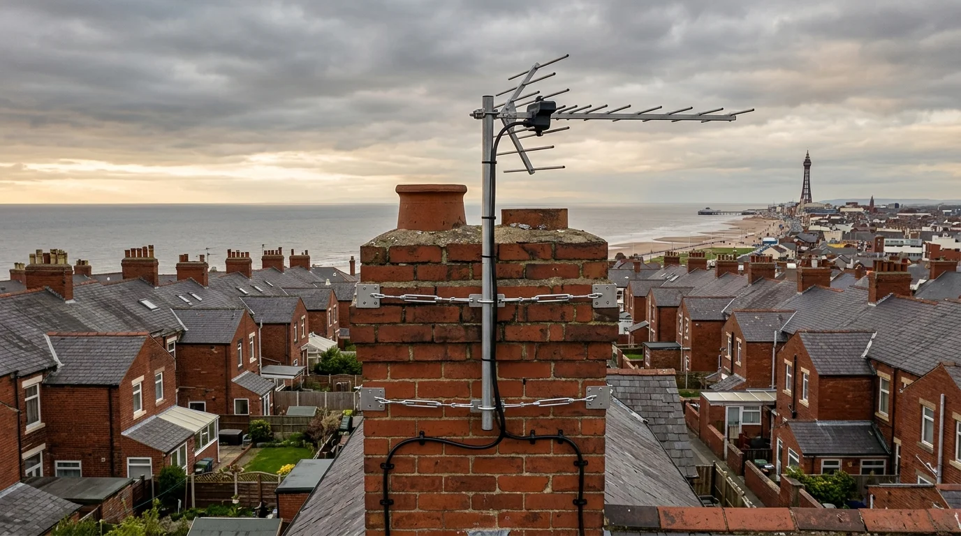 Professional digital TV aerial installation in Blackpool with high-gain benchmark aerial and heavy-duty storm bracket