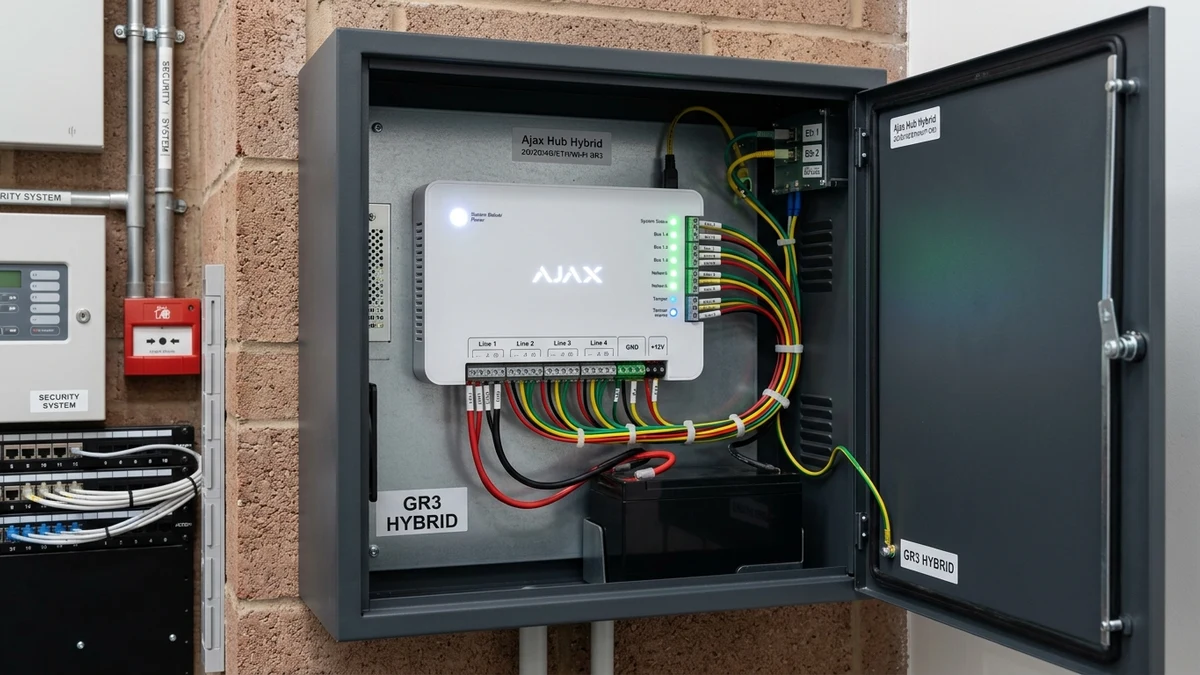 Commercial communications rack housing Ajax Hub Hybrid with neatly laced 4-core bus lines in Bolton