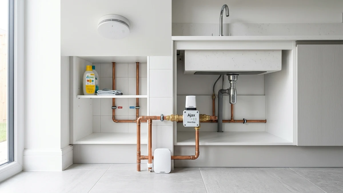 Ajax FireProtect 2 ceiling smoke detector and WaterStop electric smart shutoff valve installed cleanly on copper plumbing in a Bolton home
