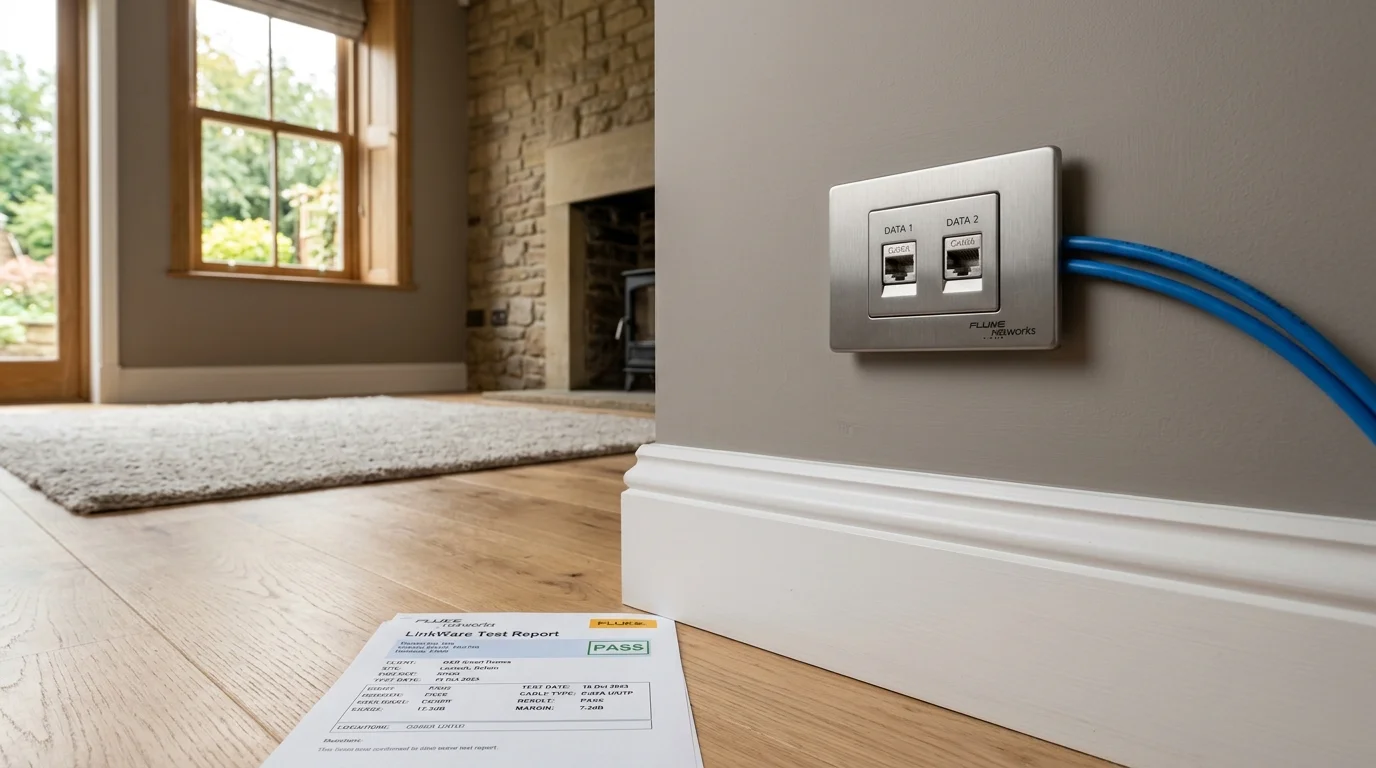 Domestic home network cabling with clean flush-mounted Ethernet wall sockets in a Bolton home