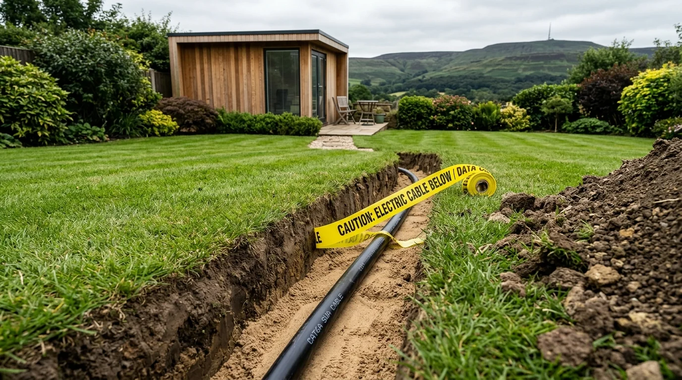 Armoured network cable trenching to garden office in Bolton