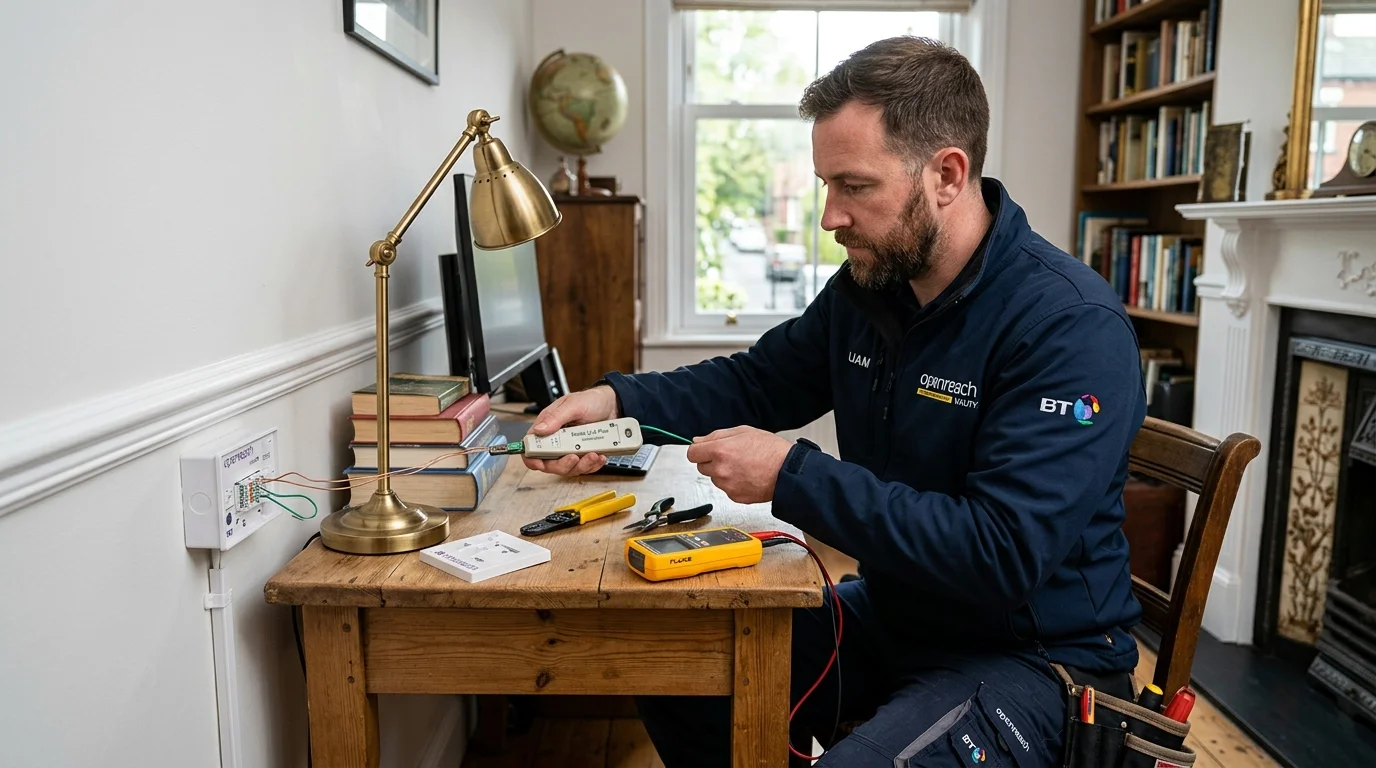 Independent Telephone Engineer relocating master socket to study desk in Victorian home in Bolton BL1