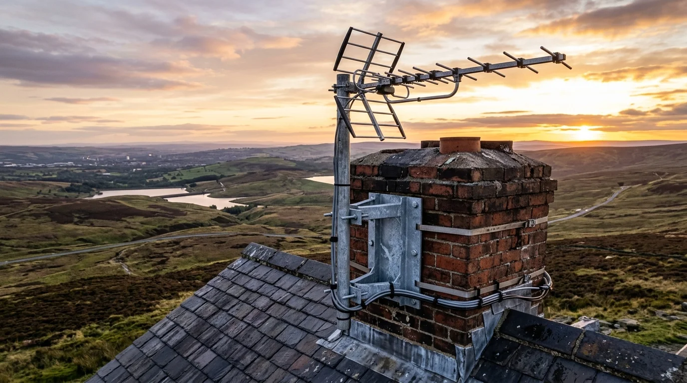 Professional digital TV aerial installation in Horwich on traditional British chimney stack with galvanized Pennine storm brackets