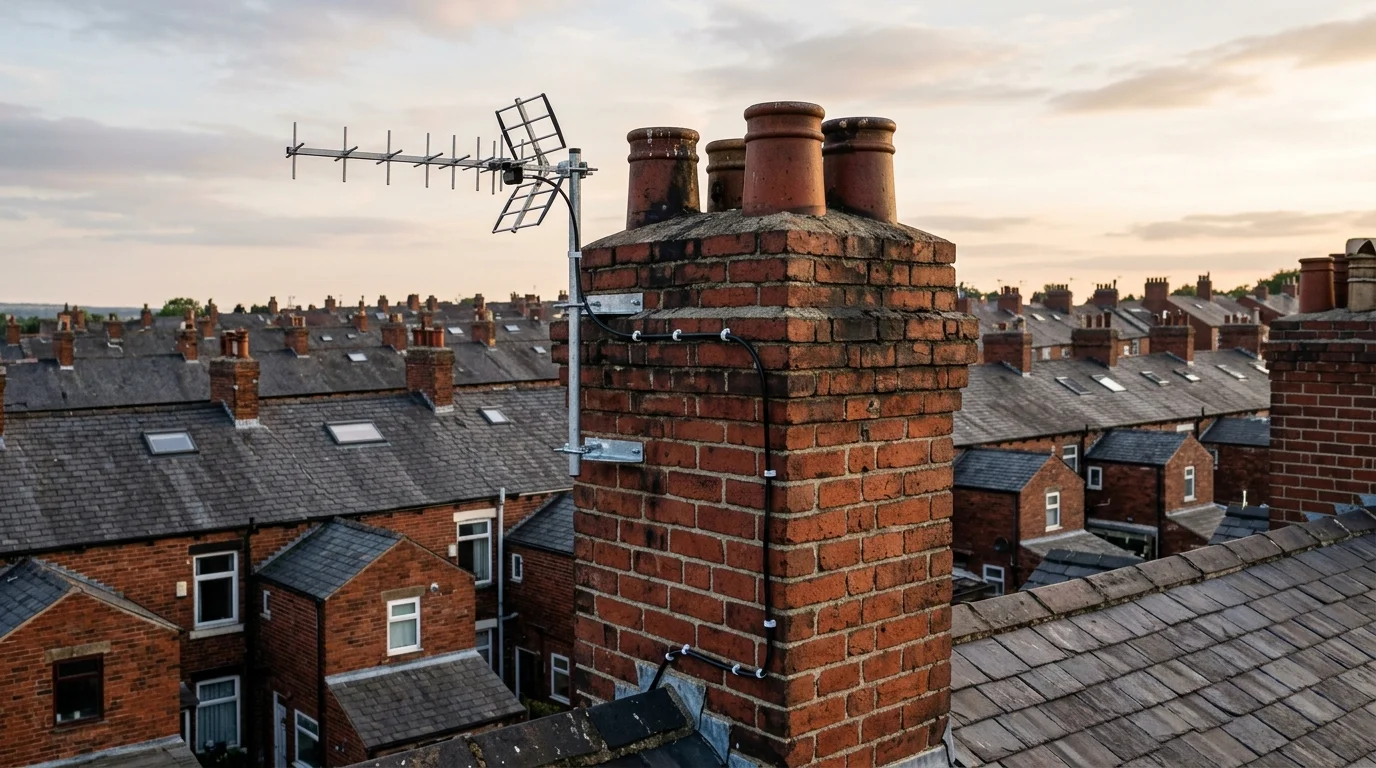 Professional digital TV aerial installation in Cherry Tree on traditional British chimney stack with galvanized Pennine storm brackets