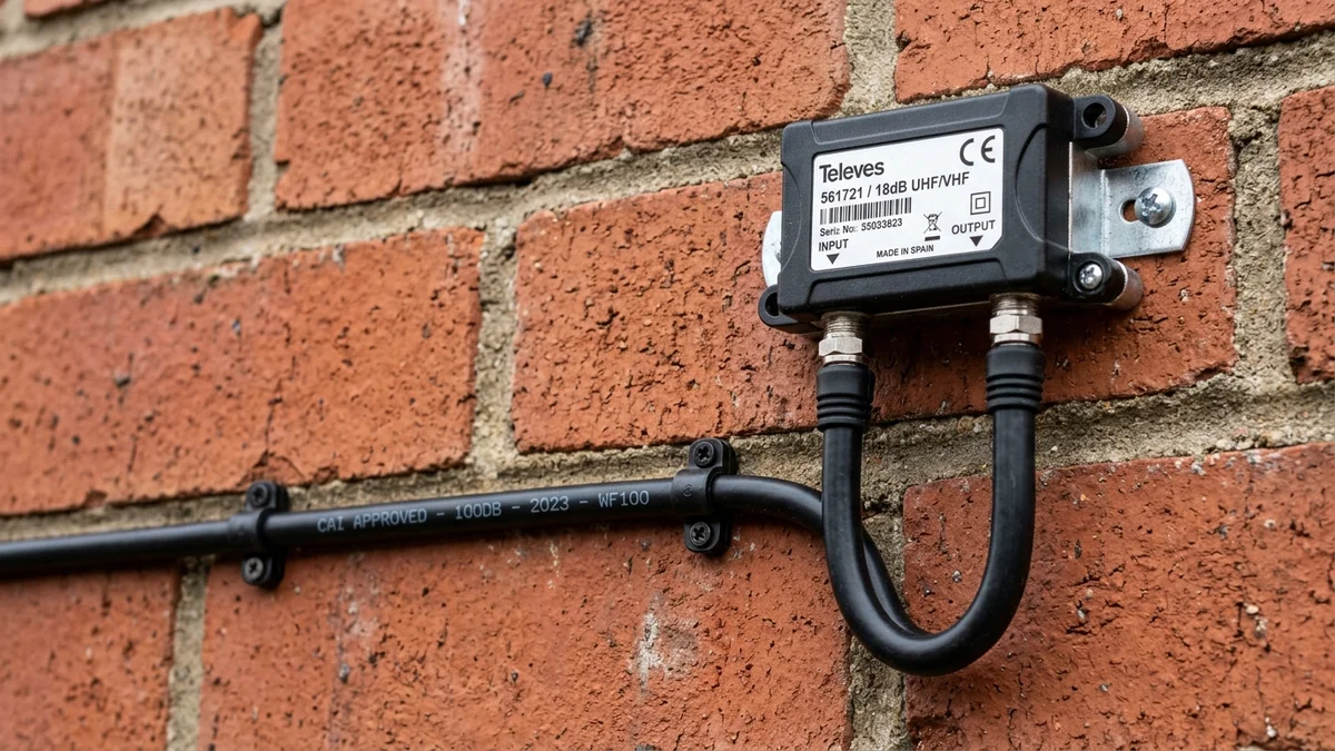Shielded masthead amplifier and WF100 coax cable routed neatly on Bolton masonry