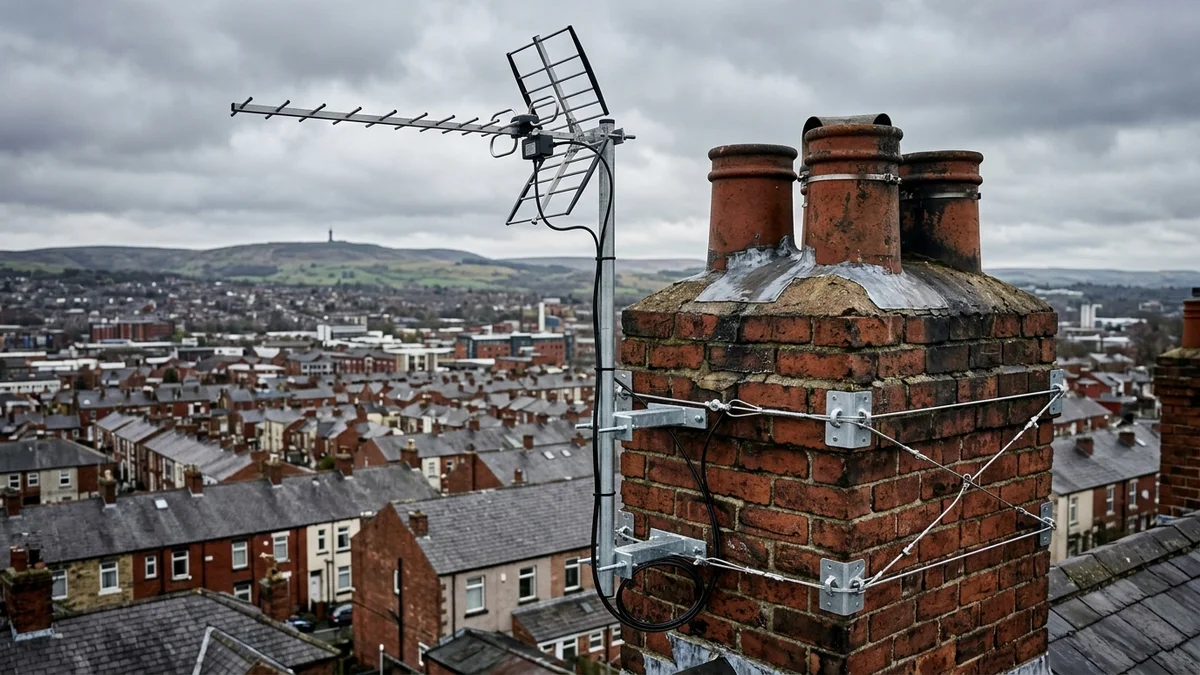Heavy-duty storm-proof chimney aerial mount in Bolton with double stainless steel lashing wire