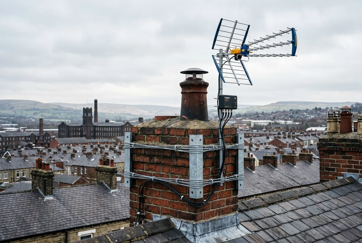 Professional digital TV aerial installation in Bolton with high-gain benchmark aerial and heavy-duty storm bracket