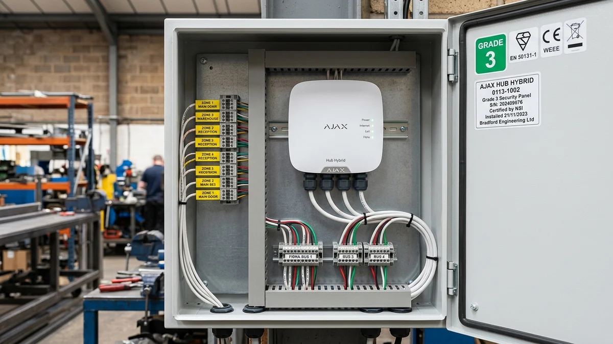 Commercial communications rack housing Ajax Hub Hybrid with neatly laced 4-core bus lines in Eccleshill & Undercliffe